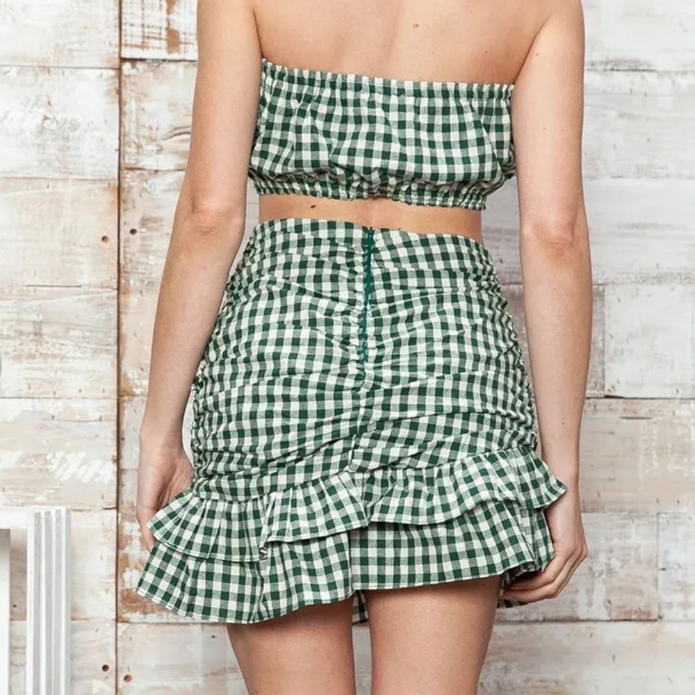 Anthropologie MABLE Green & White Gingham Ruffle Mini Skirt Set - Picture 9 of 9